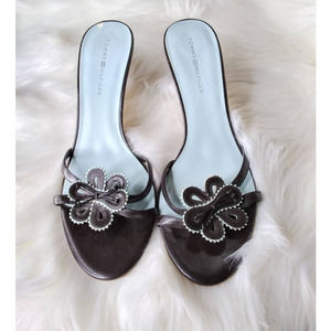 Tommy Hilfiger Womens 10M Brown Blue Sandal kitten heel open flower toe